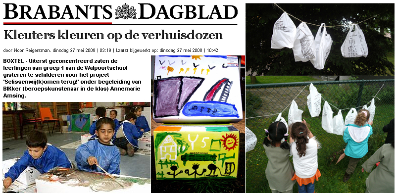 vondstenfabriek. gisteren gingen leerlingen van midden- en bovenbouw aan de gang met het schilderen van de thema's herinneringen, dromen en verwachtingen op dozen, die vervolgens op 30 mei te zien zijn op een kunstroute naar het nieuwe Wijkvoorzieningencentrum. De kleuters schilderden op dozen wat zij het liefst mee zouden nemen naar de nieuwe Amalia school. Behalve leerlingen van de Walpoortschool hebben ook kinderen van peuterspeelzaal Pinkeltje, de bso Alleskids, meegewerkt, evenals de leerlingen van de Molenwijkschool die de bso van de Kindertuin bezoeken.